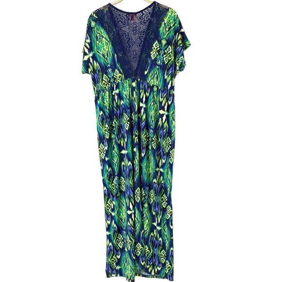 Bongo Size 1X Plus Jr Maxi Dress Tribal Athnic Print Vneck Plunge Short Sleeve 4 - Picture 6 of 10